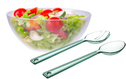 Salade serveer schaal - transparant - kunststof - Dia 27 cm - met sla couvert/bestek