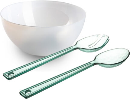 Salade serveer schaal - transparant - kunststof - Dia 28 cm - met sla couvert/bestek