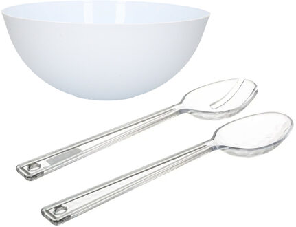 Salade serveer schaal - wit - kunststof - Dia 25 cm - met sla couvert/bestek