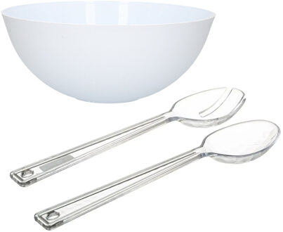 Salade serveer schaal - wit - kunststof - Dia 25 cm - met sla couvert/bestek