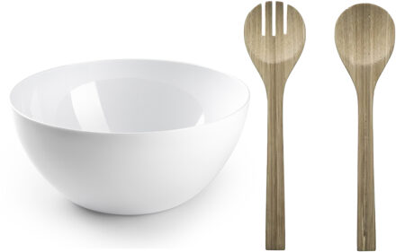 Salade serveer schaal - wit - kunststof - Dia 28 cm - incl. bamboe Sla couvert/bestek