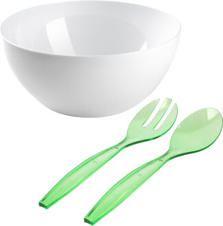 Salade serveer schaal - wit - kunststof - Dia 28 cm - met groen sla couvert/bestek