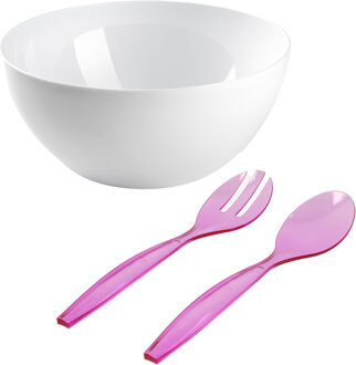 Salade serveer schaal - wit - kunststof - Dia 28 cm - met roze sla couvert/bestek