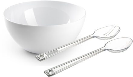 Salade serveer schaal - wit - kunststof - Dia 28 cm - met sla couvert/bestek