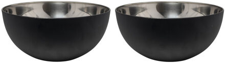 Salade/voedsel serveer schaal - 2x - mat zwart - RVS - D23 x H11 cm