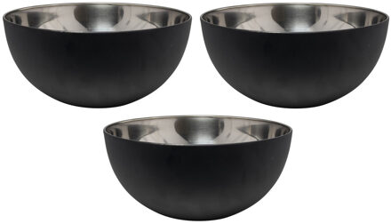 Salade/voedsel serveer schaal - 3x - mat zwart - RVS - D23 x H11 cm
