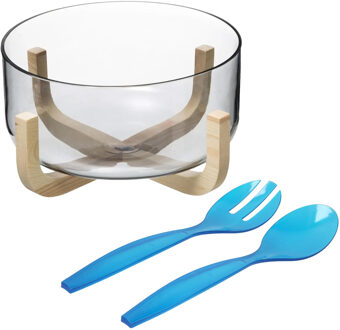 Saladekom/serveerschaal - glas - plastic slacouvert blauw - Dia 24 cm - Saladeschalen Transparant