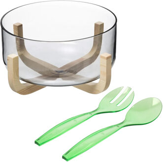 Saladekom/serveerschaal - glas - plastic slacouvert groen - Dia 24 cm - Saladeschalen Transparant