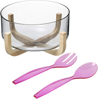 Saladekom/serveerschaal - glas - plastic slacouvert roze - Dia 24 cm - Saladeschalen Transparant