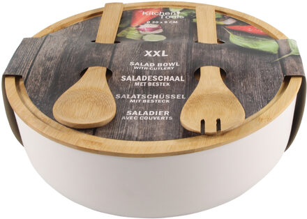Saladeschaal/kom - Met couvert - Bamboe - Wit - D30 cm - Saladeschalen