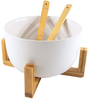 saladeschaal/kom op standaard - met couvert - bamboe - wit - D30 x 17 cm