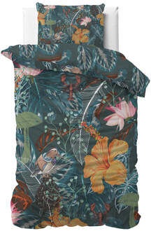 Sale: -30% | Dekbedovertrek Katoen-Satijn - Donna - Eenpersoons (140x200 Cm) - Groen & Meerkleurig Katoen Katoen-satijn - Bloemen - Manilla - Dekbed-Discounter.nl