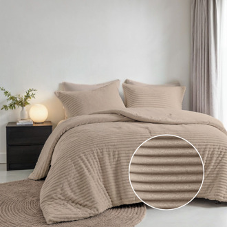 Sale: -30% | Dekbedovertrek Teddy Rib - Eenpersoons (140x200 Cm) - Taupe Microvezel Teddy - Strepen - Fresh And Co - Dekbed-Discounter.nl - 140 x 200/220 cm