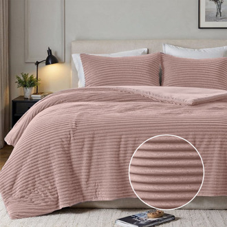 Sale: -31% | Dekbedovertrek Teddy Rib - Tweepersoons (200x200 Cm) - Oud Roze Microvezel Teddy - Strepen - Fresh And Co - Dekbed-Discounter.nl