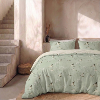 Sale: -32% | Dekbedovertrek Percale Katoen - Lotus Birds - Eenpersoons (140x200 Cm) - Groen Percale Katoen - Effen - Presence - Dekbed-Discounter.nl