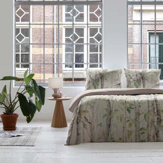 Sale: -50% | Dekbedovertrek Katoen-Satijn - Birch & Birds - Eenpersoons (140x200 Cm) - Meerkleurig & Beige Katoen-satijn - Natuur & Dieren - Fresh And Co - Dekbed-Discounter.nl