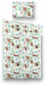 Sale: -50% | Kinderdekbedovertrek Monkey Mania - 140x200220 Cm Bruin & Groen - Dieren - Fresh And Co Kids - Dekbed-Discounter.nl