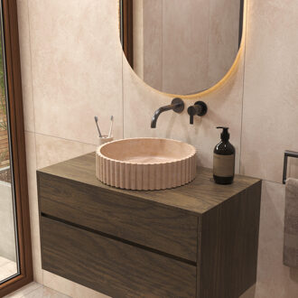 Salenzi Travertin Light Waskom 40x40x10cm Geribbeld Opbouwmodel Beige