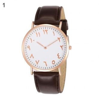 Sales! Arabisch Analoge Ronde Dial Mannen Vrouwen Quartz Faux Lederen Band Polshorloge bruin gouden