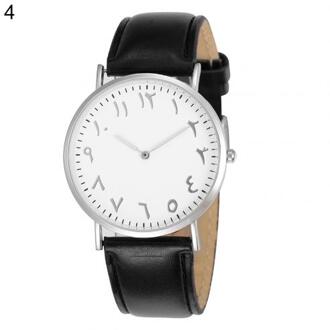 Sales! Arabisch Analoge Ronde Dial Mannen Vrouwen Quartz Faux Lederen Band Polshorloge zwart zilver