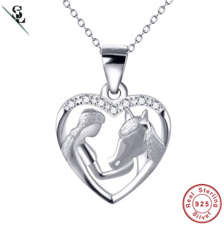 Sales Silver 925 Jewelry Girl Feeding Horse Pendant Necklace Heart Women Fine Jewelry caballo collana signora