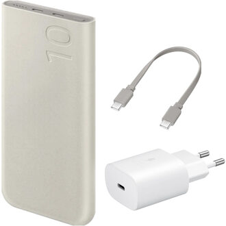 Samsung Originele Powerbank Bundel | Samsung Galaxy Batterij Pack 10.000 mAh - 2x USB-C - Beige + Samsung 25 Watt USB-C Adapter - Wit - One size