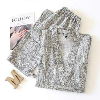 Samurai Man Japanse Traditionele Kiimoono Set Pyjama Wave Print V-hals Losse Stijl Katoenen Nachtkleding Pyjama Haori Broek Color3 / Xl