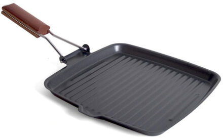 San Ignacio grillpan/koekenpan - anti aanbaklaag - houten handvat - 26 x 26 x 6 cm - zwart
