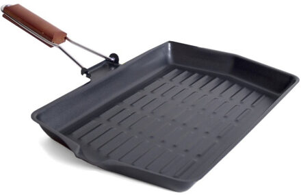 San Ignacio Zwarte metalen grillpan 38 x 45 cm met inklapbaar houten handvat