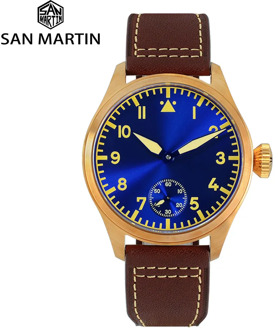 San Martin Bronze Pilot Men's Watch Manual Mechanical Sapphire Leather Strap Luminous Water Resistant See-through Case Back