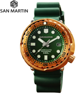 San Martin Tuna Bronze Men Watch Automatic Mechanical Sapphire Luminous 30 Bar Water Resistant Fluoro Rubber Strap Calendar часы
