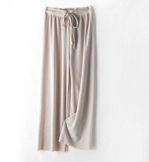 Sanderala Women Ice Silk Sleep Pants Elastic Waist Fitness Homewear Knitted Bottoms Solid Drawstring Loose Casual Underwear Beige