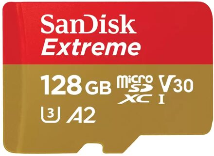 Sandisk MicroSDXC Extreme 128GB 190/90 mb/s - A2 - V30 - SDA - Rescue Pro DL 1Y Micro SD-kaart Goud