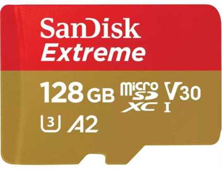 Sandisk MicroSDXC Extreme 128GB 190/90 mb/s - A2 - V30 - SDA - Rescue Pro DL 1Y Micro SD-kaart Goud