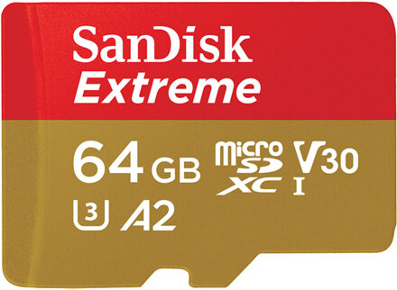 Sandisk MicroSDXC Extreme 64GB 170mb / 60mb,U3,V30,A2 AC incl RP DL 1Y Micro SD-kaart Goud