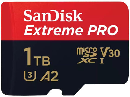 Sandisk MicroSDXC Extreme PRO 1TB 200/140 mb/s - A2 - V30 - SDA - Rescue Pro DL 2Y Micro SD-kaart Zwart