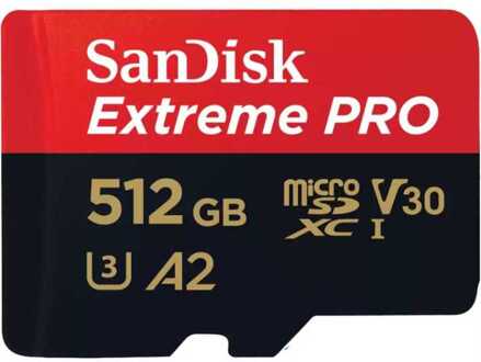 Sandisk MicroSDXC Extreme PRO 512GB 200/140 mb/s - A2 - V30 - SDA - Rescue Pro DL 2 Micro SD-kaart Zwart