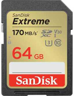Sandisk SDXC Extreme 64GB 170/80 mb/s - V30 - Rescue Pro DL 1Y Micro SD-kaart Zwart