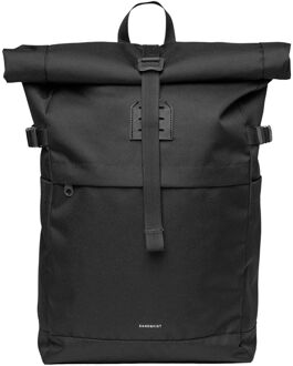 Sandqvist Icon Rolltop laptop laptop rugzak M black-black with black leather Zwart - H 60 x B 26 x D 12 cm