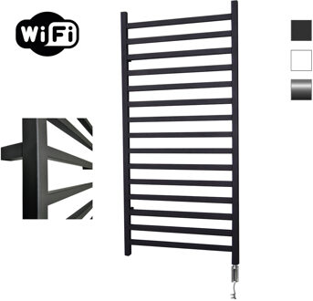 Sanicare Qubic elektrische radiator 60x126cm zwart mat met WiFi en thermostaat links chroom