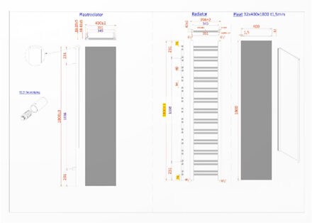Sanicare Radiator Sanicare Denso 180 x 40 cm. Mat Zwart Met Thermostaat Chroom Linksonder