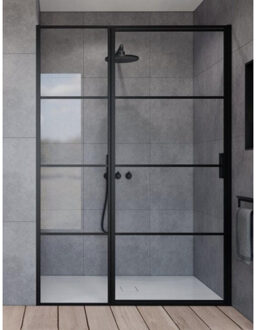 Saniclass Bellini douchedeur 130x200cm met vast paneel veiligheidsglas mat zwart frame lines buitenzijde met anti kalk