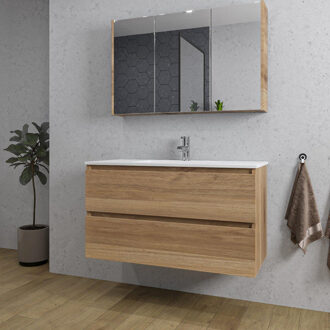 Saniclass Chaci Badkamermeubelset - 100x46x55cm - keramische wastafel wit - 1 wasbak - 1 kraangat - 2 lades - spiegelkast - eiken SW1212774/SW1212817/SW812072/SW804532