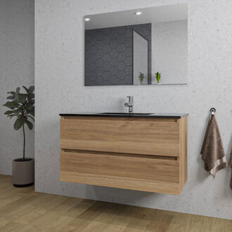 Saniclass Chaci Badkamermeubelset - 100x46x55cm - keramische wastafel zwart - 1 wasbak - 1 kraangat - 2 lades - rechthoekige spiegel - eiken SW1212774/SW761656/SW724612