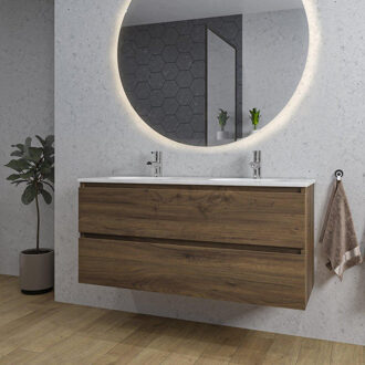 Saniclass Chaci Badkamermeubelset - 120x46x55cm - keramische wastafel wit - 2 ovale wasbakken - 2 kraangaten - 2 lades - ronde spiegel met verlichting - noten (hout) SW1212779/SW718719/SW161923