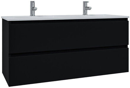 Saniclass Chaci Badkamermeubelset - 120x46x55cm - keramische wastafel wit - 2 wasbakken - 2 kraangaten - 2 lades - mat zwart SW1212777/SW804533 Zwart mat