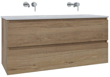 Saniclass Chaci Badkamermeubelset - 120x46x55cm - keramische wastafel wit - 2 wasbakken - zonder kraangaten - 2 lades - eiken SW1212781/SW773928