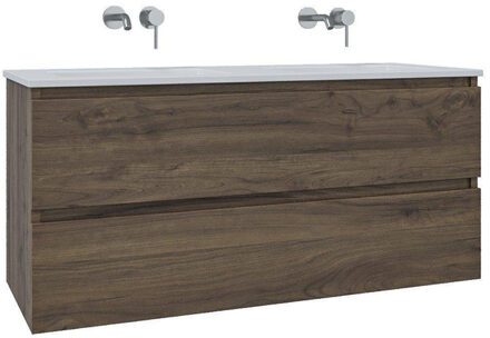 Saniclass Chaci Badkamermeubelset - 120x46x55cm - keramische wastafel wit - 2 wasbakken - zonder kraangaten - 2 lades - noten (hout) SW1212779/SW773928