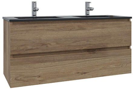 Saniclass Chaci Badkamermeubelset - 120x46x55cm - keramische wastafel zwart - 2 wasbakken - 2 kraangaten - 2 lades - eiken SW1212781/SW761657
