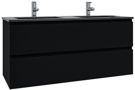 Saniclass Chaci Badkamermeubelset - 120x46x55cm - keramische wastafel zwart - 2 wasbakken - 2 kraangaten - 2 lades - mat zwart SW1212777/SW761657 Zwart mat